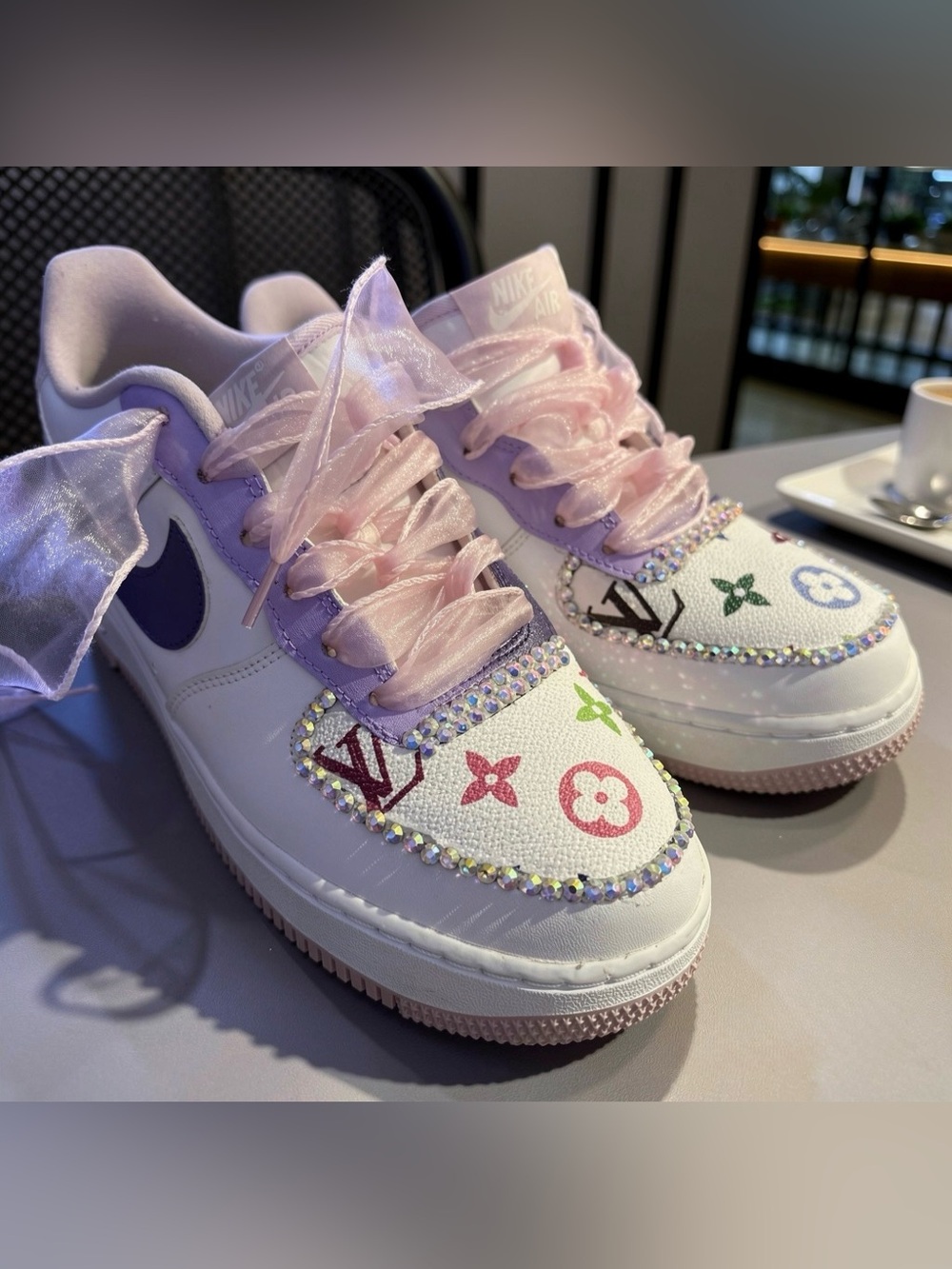 Nike AF 1 White upcycled rhinestone lilac and purple 7 Y 8.5 Women LV custom